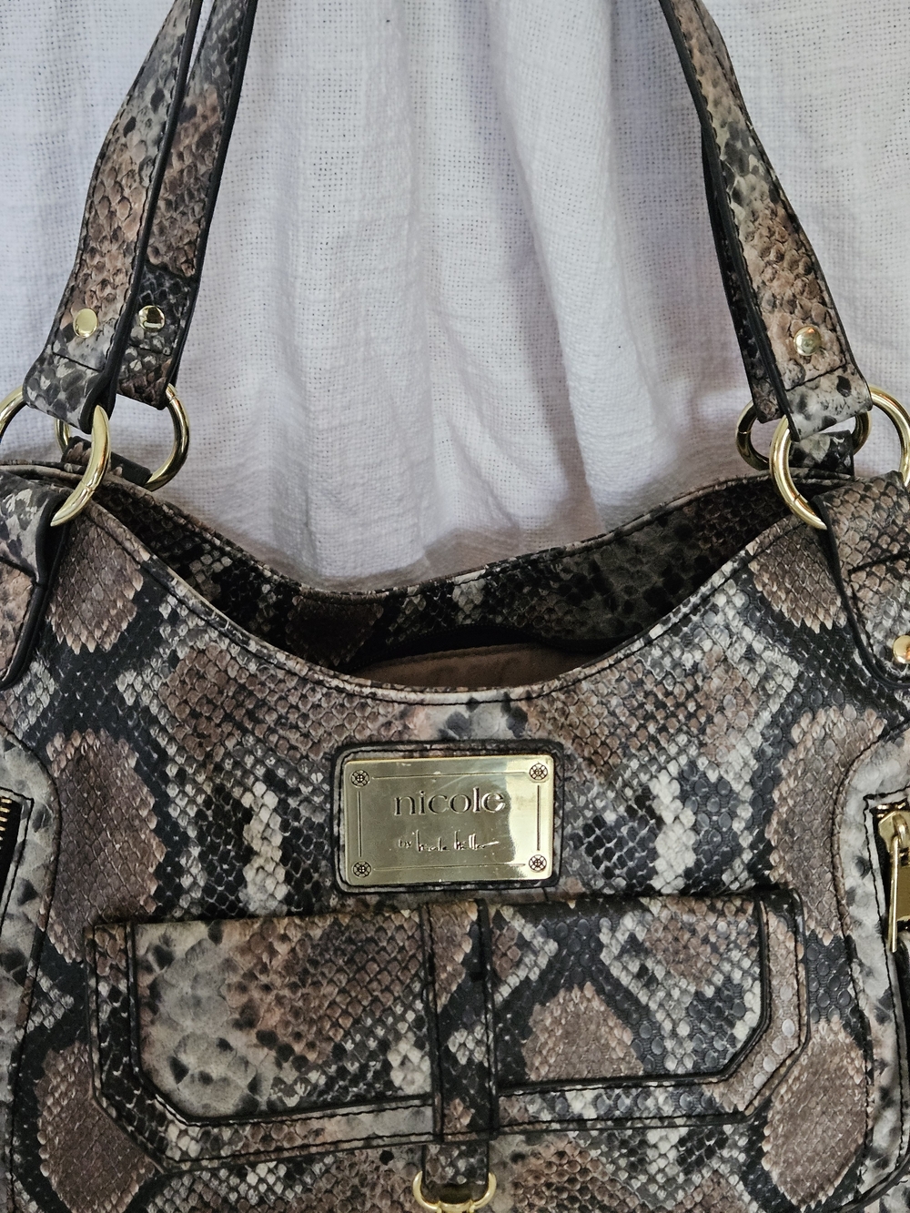 Nicole by Nicole Miller Brown Snake-Print Shoulder Bag with Gold Hardware